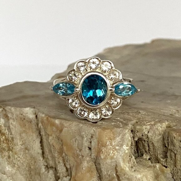 Sterling Silver 925 Blue White Topaz Multi Gemstone Stone Floral Ring Sz 6.75 - Picture 4 of 16